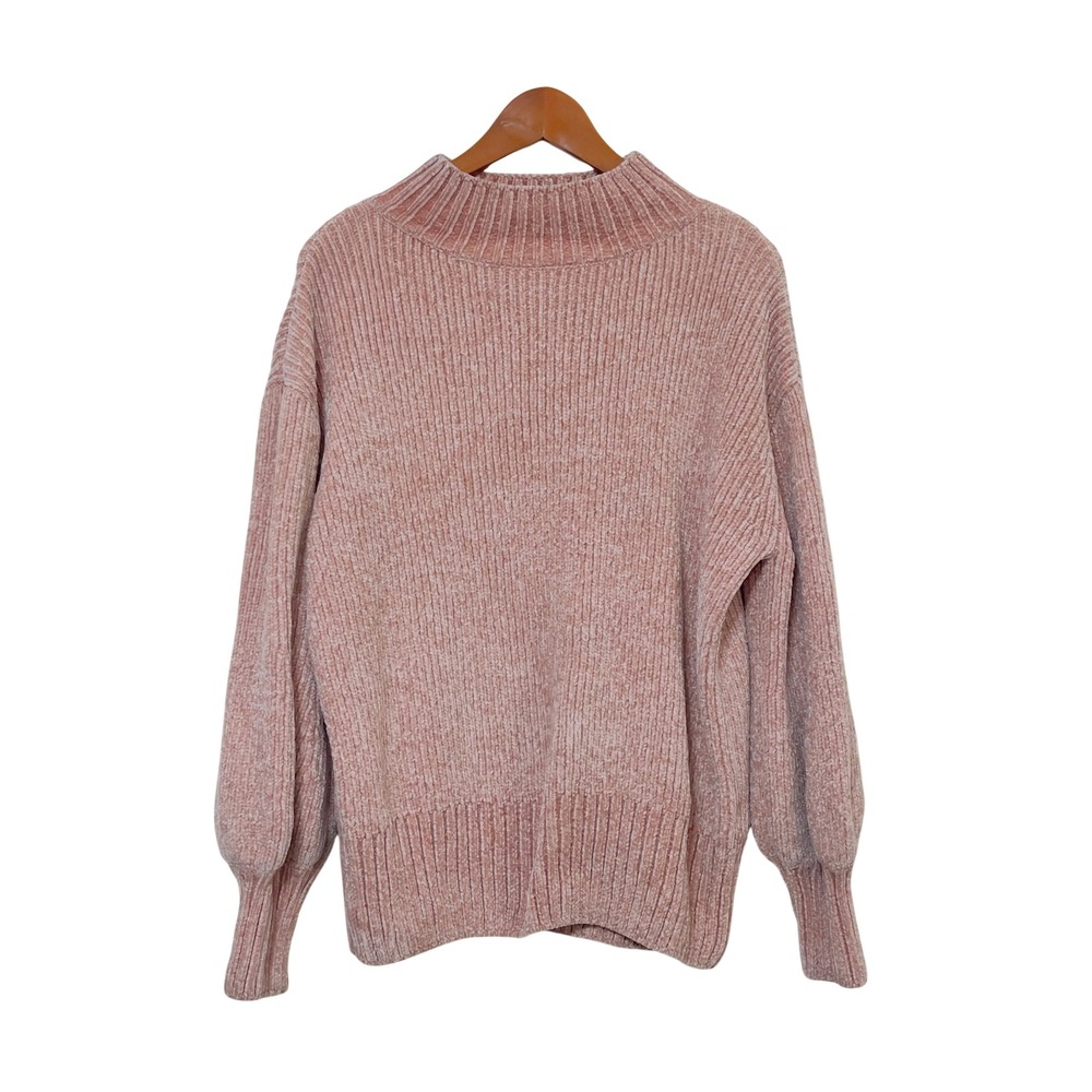 Cynthia Rowley Womens Chenille Mock Neck Sweater L Pink Ribbed Balloon Sleeve